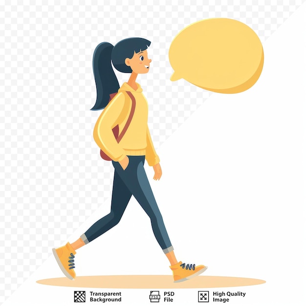 PSD cartoon woman walking with speech bubble