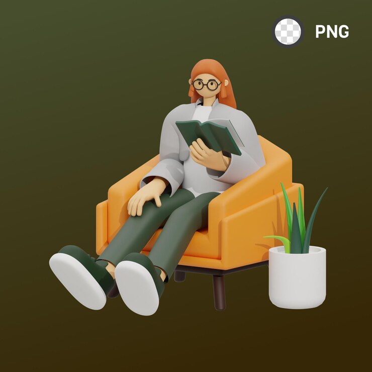 PSD a cartoon of a woman with glasses reading a book in an orange chair.