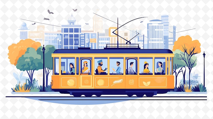 PSD мультфильм желтой троллейбуса с людьми, едущими на нем