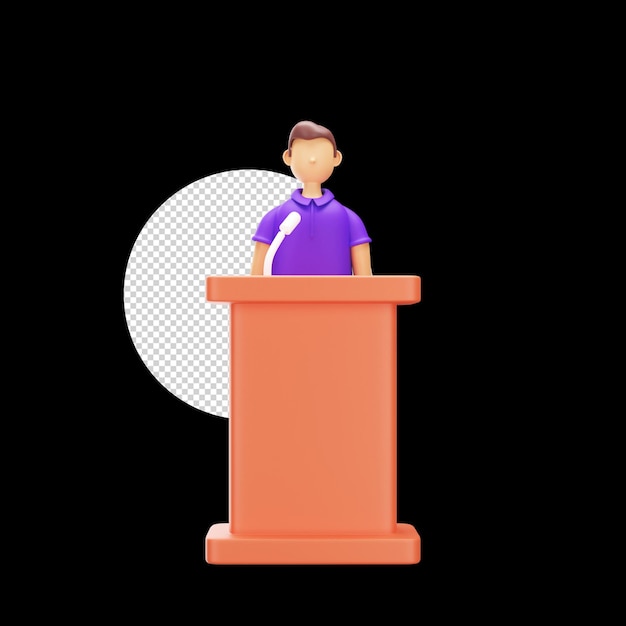 cartoon young man standing in mic podium 3d element against black circle png background