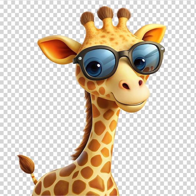 PSD cartoongiraffe met zonnebril geïsoleerd op een doorzichtige achtergrond