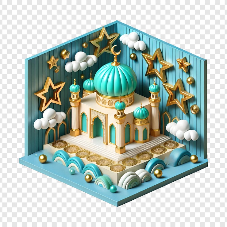 PSD cartoonish 3d mosque isolated on transparent background