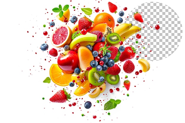 PSD cartoony fruit explosion with fruits flying in air isolated on transparent background