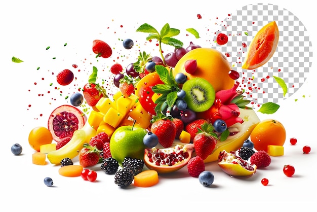 PSD cartoony fruit explosion with fruits flying in air isolated on transparent background