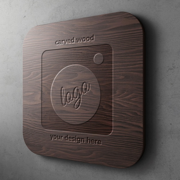 Carved on dark wood logo mockup template on rounded rectangle with concrete wall