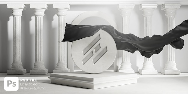 PSD Мокап с резным логотипом представляет черную тканевую обложку из круглых каменных колонн классических колонн
