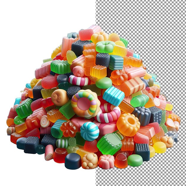 PSD cascade van snoepjes geïsoleerde 3d stapel van gummies op een helder png-palet