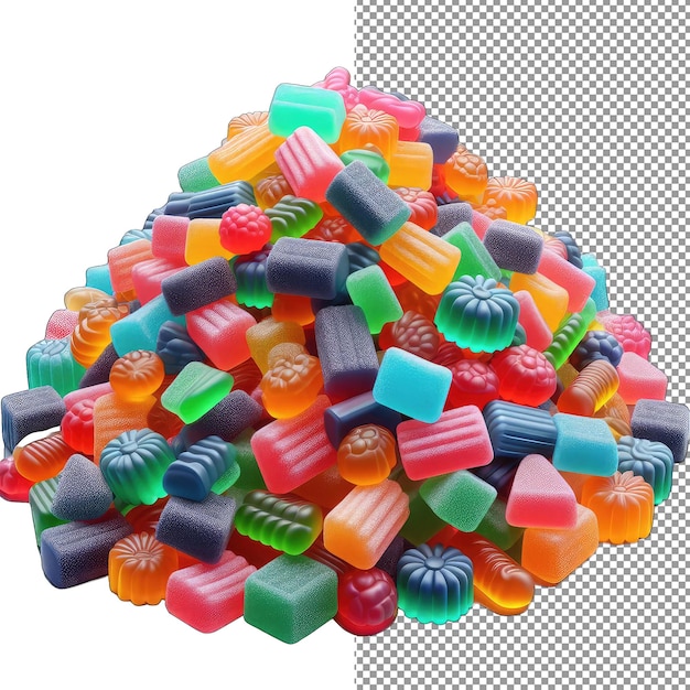 Cascade van snoepjes geïsoleerde 3d stapel van gummies op een helder png-palet