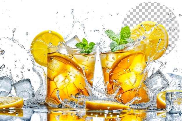 PSD cascading torrents of iced tea infused with lemon slices on transparent background