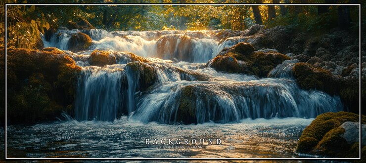 PSD cascading waterfall with sunlight illuminating the water