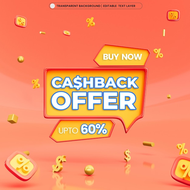 Offerta cash back banner di promozione post vendita 3d con testo modificabile