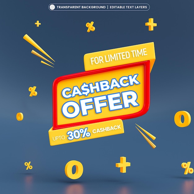 PSD cash back offer 3d sale post promotion banner with editable text