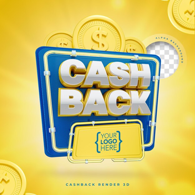 PSD cashback 3d label marketing with neon and lights and coins