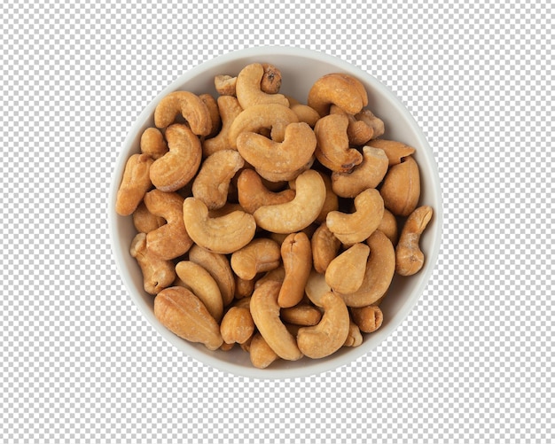 Cashew nuts in white bowl isolated