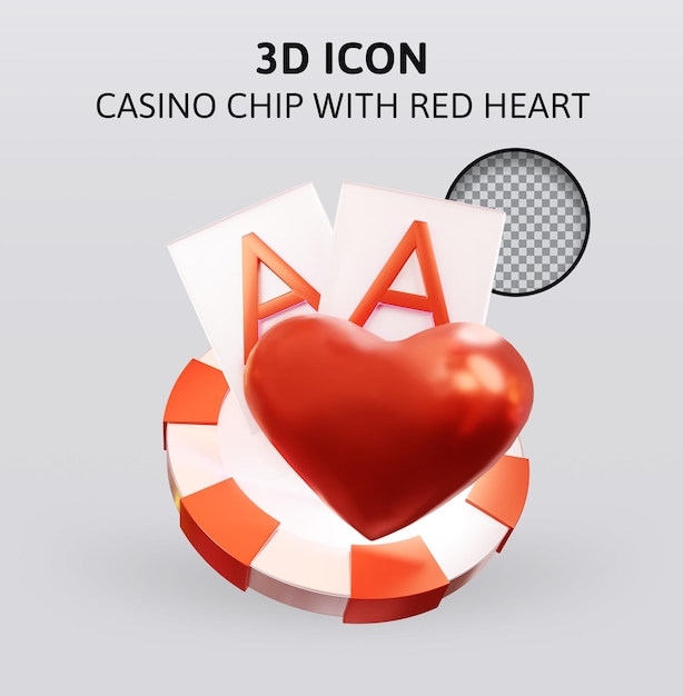 Casino chip met rood hart 3d-rendering illustratie