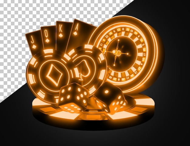 Casino chip with golden neon light and transparent background