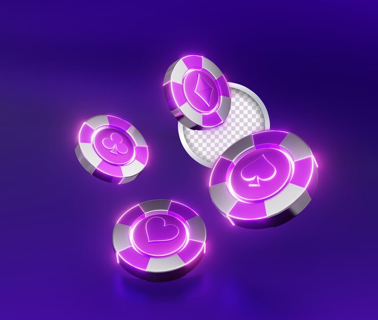 Casino chips 3d icons with magenta neon light color