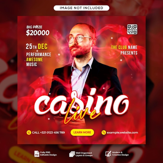 Casino Club dj party флаер пост в социальных сетях и шаблон веб-баннера