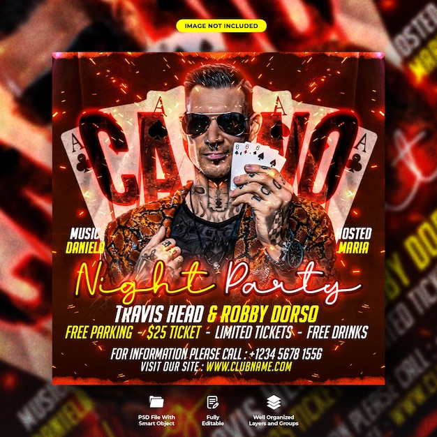 Casino club night party flyer and social media instagram post template