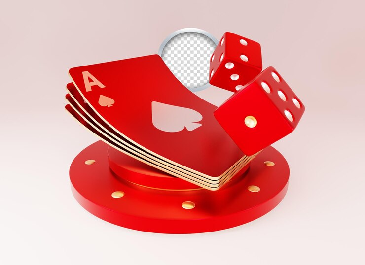 Casino dice 3d icons and red poker cards with spades synbol on it