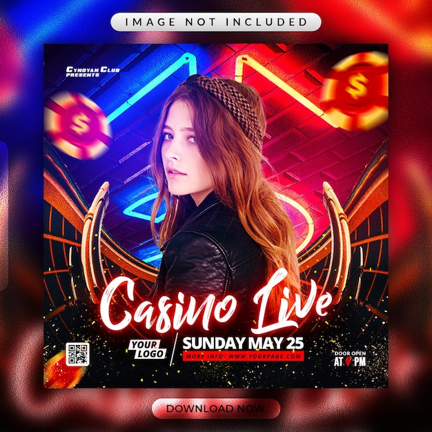 PSD casino live party flyer or social media promotional banner template