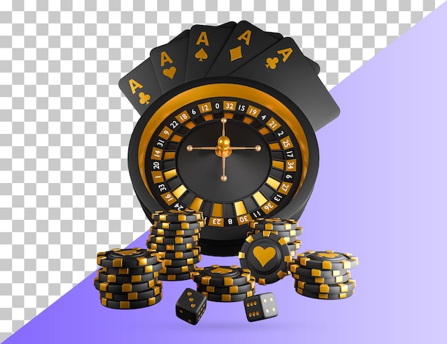 Casino mix gokautomaat roulette dobbelstenen set kaartchips pokerchips en speelkaarten. 3d-gerenderde afbeelding