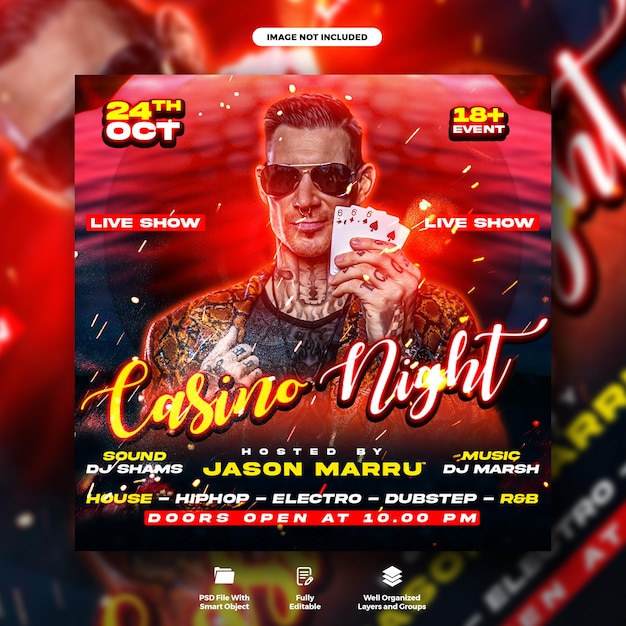 Manifesto del night club del casinò e modello di banner di instagram