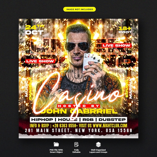 PSD casino night party flyer and social media web banner template