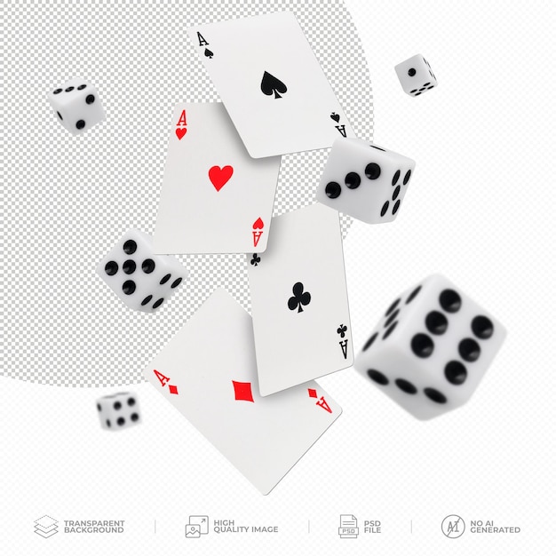 casino speelkaart en dobbelstenen vliegen op doorzichtige achtergrond PSD