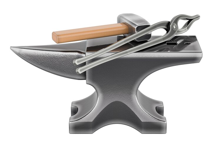PSD cast iron anvil with forging hammer and blacksmith tongs 3d rendering isolated on transparent background