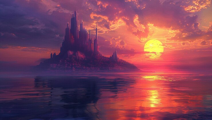 PSD castle in the sunset by person