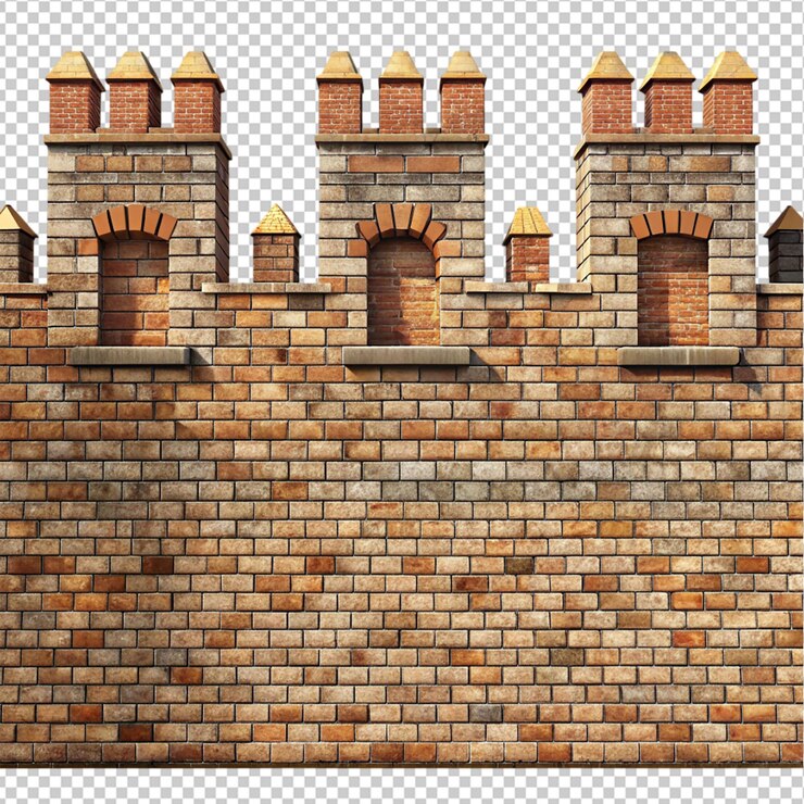 PSD castle wall section on transparent background