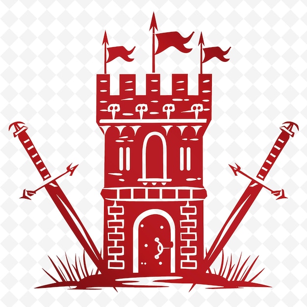 A castle with a red door and flags on it