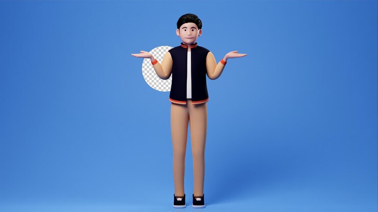 PSD casual man cartoon character nervous unsure doubtful make decision shrugging pointing sideways frown