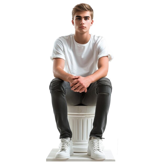 Casual young man sitting on a white column