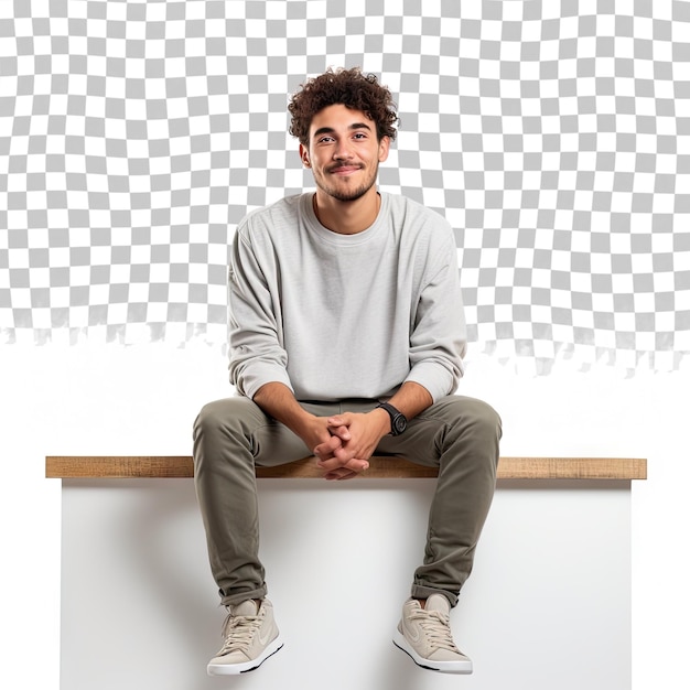 PSD casual young man with curly hair sitting on a blank panel isolated on transparent background