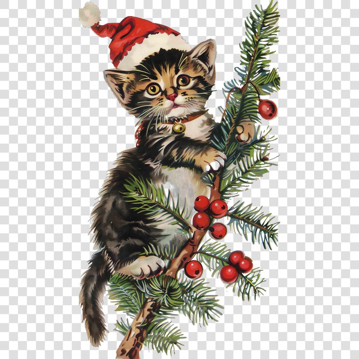 PSD cat on christmas day label vintage style printable junk journal embellishmon transparent background