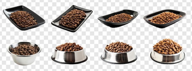 cat food dry kibbles served in an elegant black ceramic rectangular plate on transparency background