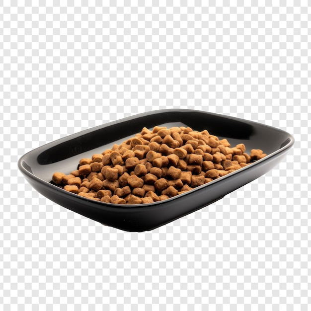Кошачьи сухие пищи подаются в элегантной черной керамической прямоугольной тарелке на прозрачном фоне