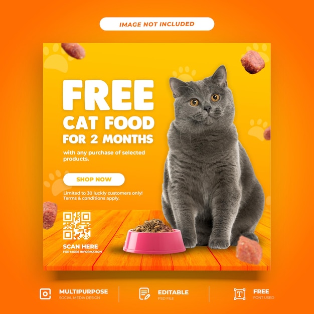Modello di social media per la promozione di cibo per gatti Psd Premium