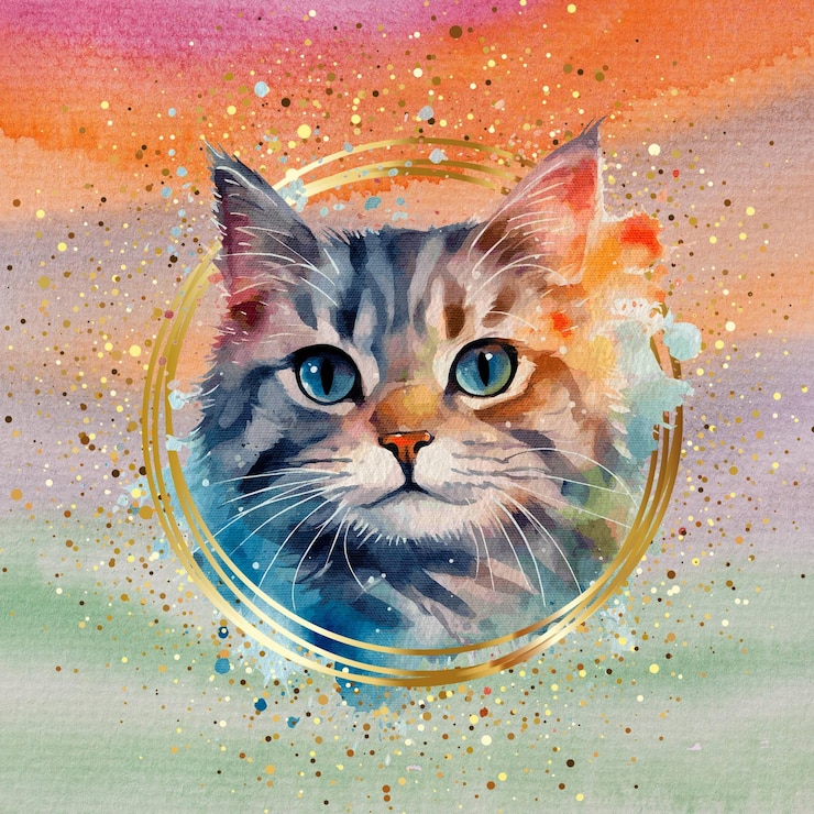 PSD cat in gold circle frame with vibrant colourful background