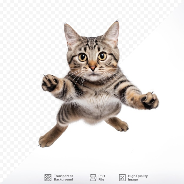 a cat is jumping in the air with a white background.