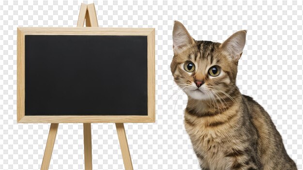 PSD a cat is looking at a blank board with a blackboard behind it