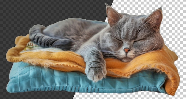 A cat is sleeping on a blue and yellow blanket stock png