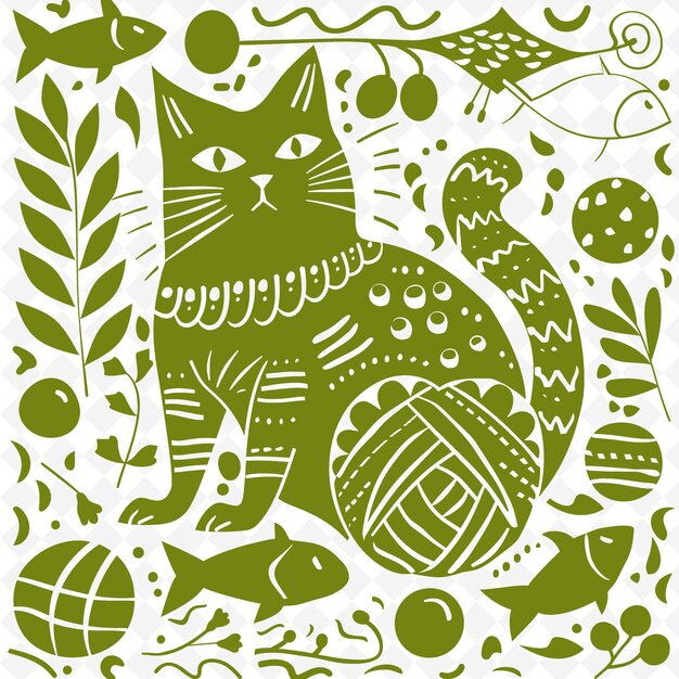 Cat line art met vis en garen ballen voor decoraties playfu outline scribble arts of nature decor