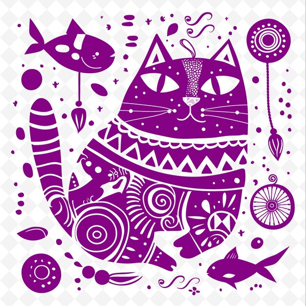 PSD cat line art with fish and yarn balls for decorations playfu outline scribble arts of nature decor