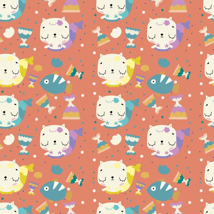 PSD cat mermaid seamless pattern