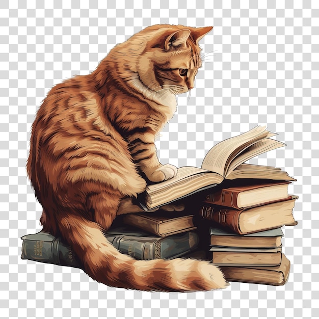 Cat reading book isolated on transparent background png