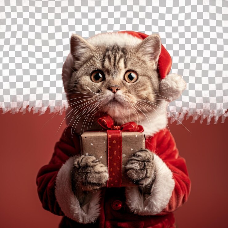 PSD a cat in a santa suit holding a gift