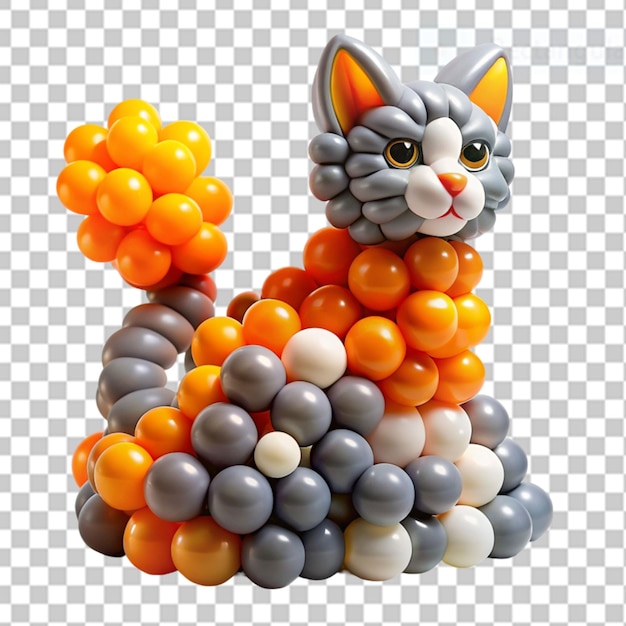 PSD cat sculpted from multicolored balloons orange and gray on transparent background